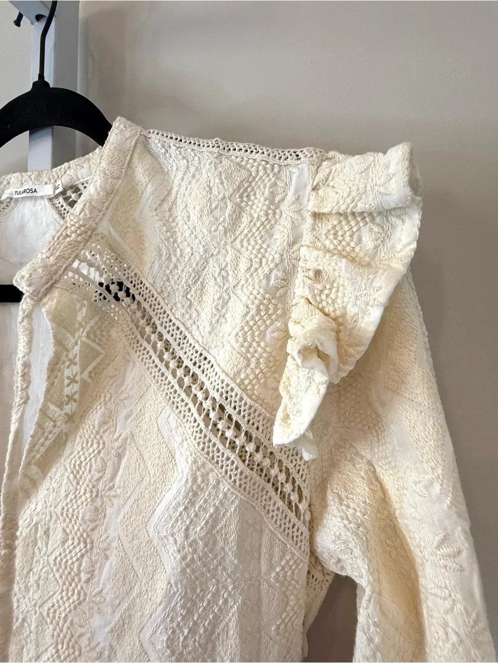 Tularosa Cream Crochet Mini Dress Ruffle Boho Long Sleeve Lace Size S